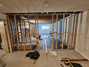 Interior wall framing during a basement renovation project by AIS Home Service's in St. Louis, MO.