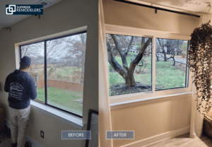 Before and after of an interior window replacement project completed by Superior Remodelers in Newtown, CT.