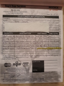 An invoice from Troy's Tree Service detailing tree trimming, removal, and treatment services in North Las Vegas, NV.