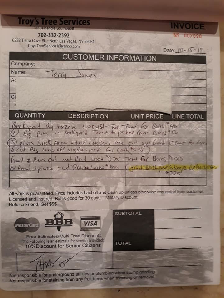 An invoice from Troy's Tree Service detailing tree trimming, removal, and treatment services in North Las Vegas, NV.