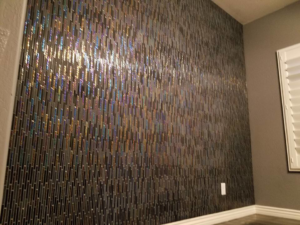 An iridescent accent tile wall installation completed by Clayton Family Tile, LLC in Chandler, AZ