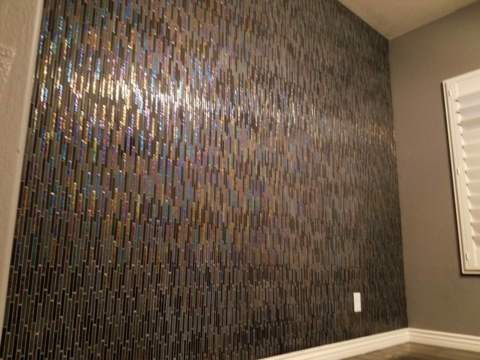 An iridescent accent tile wall installation completed by Clayton Family Tile, LLC in Chandler, AZ