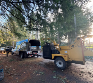 Joe Grab Tree Service truck with a wood chipper ready for a job in Tualatin, OR.