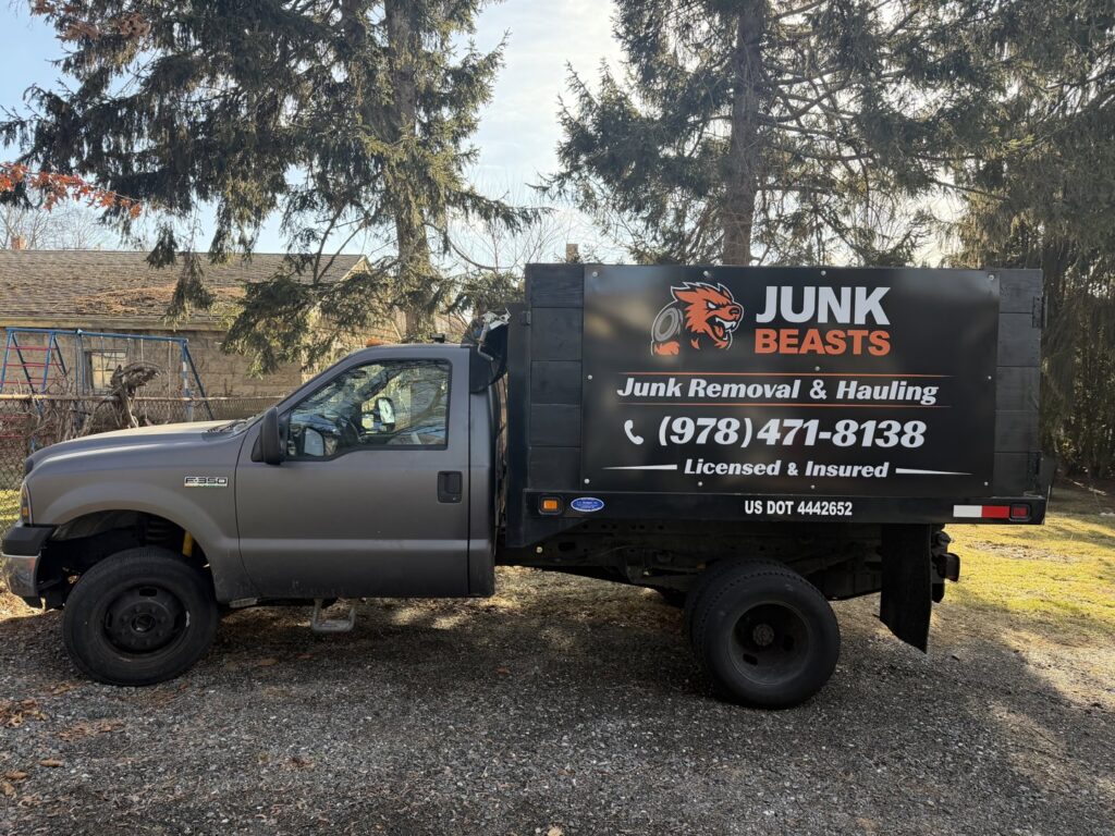 The branded junk removal and hauling truck for Junk Beasts LLC, ready for service in Marlborough, MA