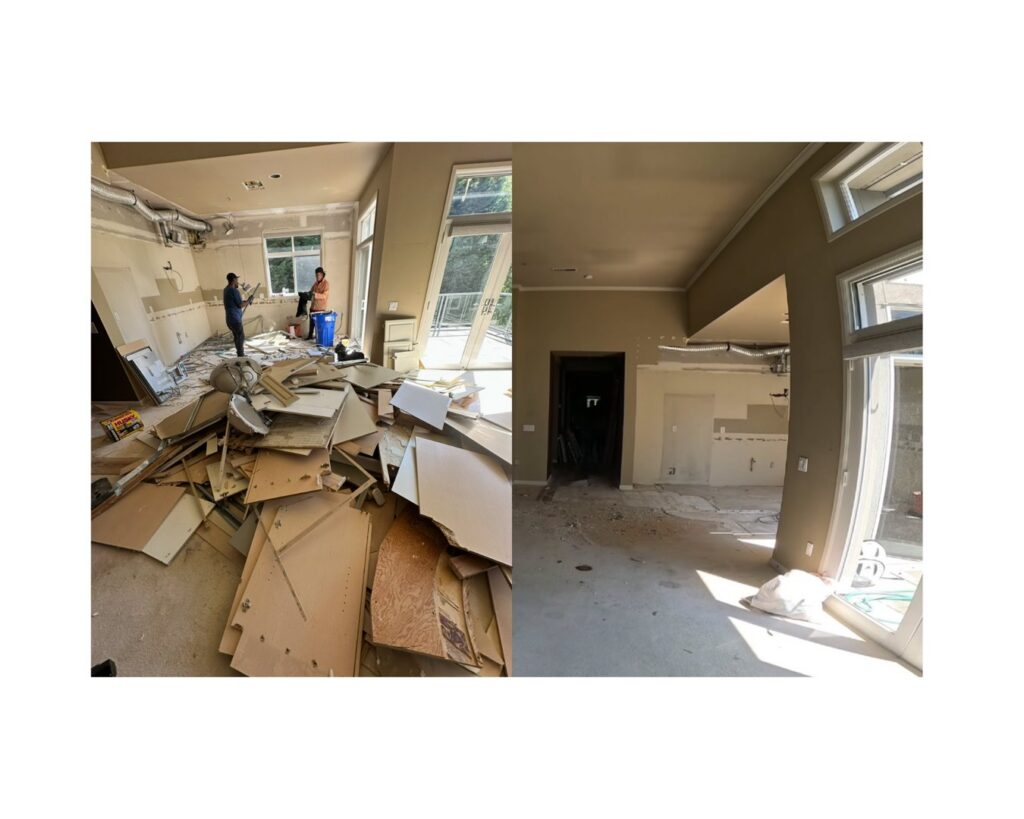 Before and after photos showing a kitchen cleared of demolition debris by Junk Commandos in Tacoma, WA.