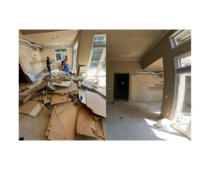 Before and after photos showing a kitchen cleared of demolition debris by Junk Commandos in Tacoma, WA.