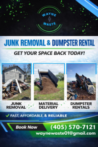 Composite image showing a junk pile next to a house and debris being loaded for removal by Wayne Waste, LLC in Moore, OK.