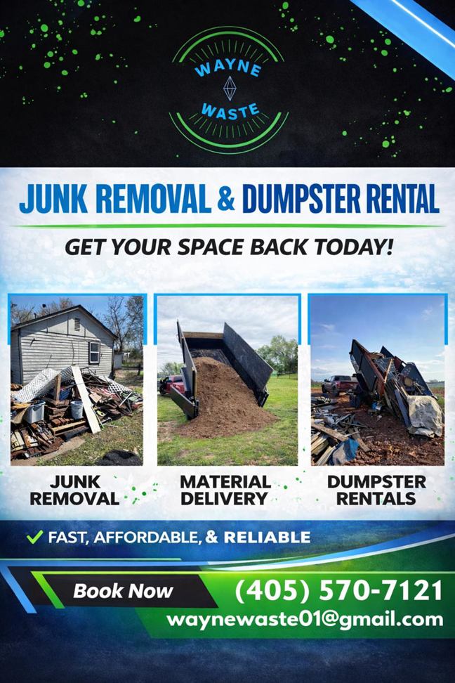 Composite image showing a junk pile next to a house and debris being loaded for removal by Wayne Waste, LLC in Moore, OK.