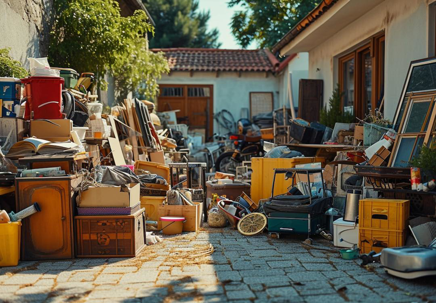 A cluttered alleyway filled with various items of junk, ready for removal by Primo Operations in North Little Rock, AR.