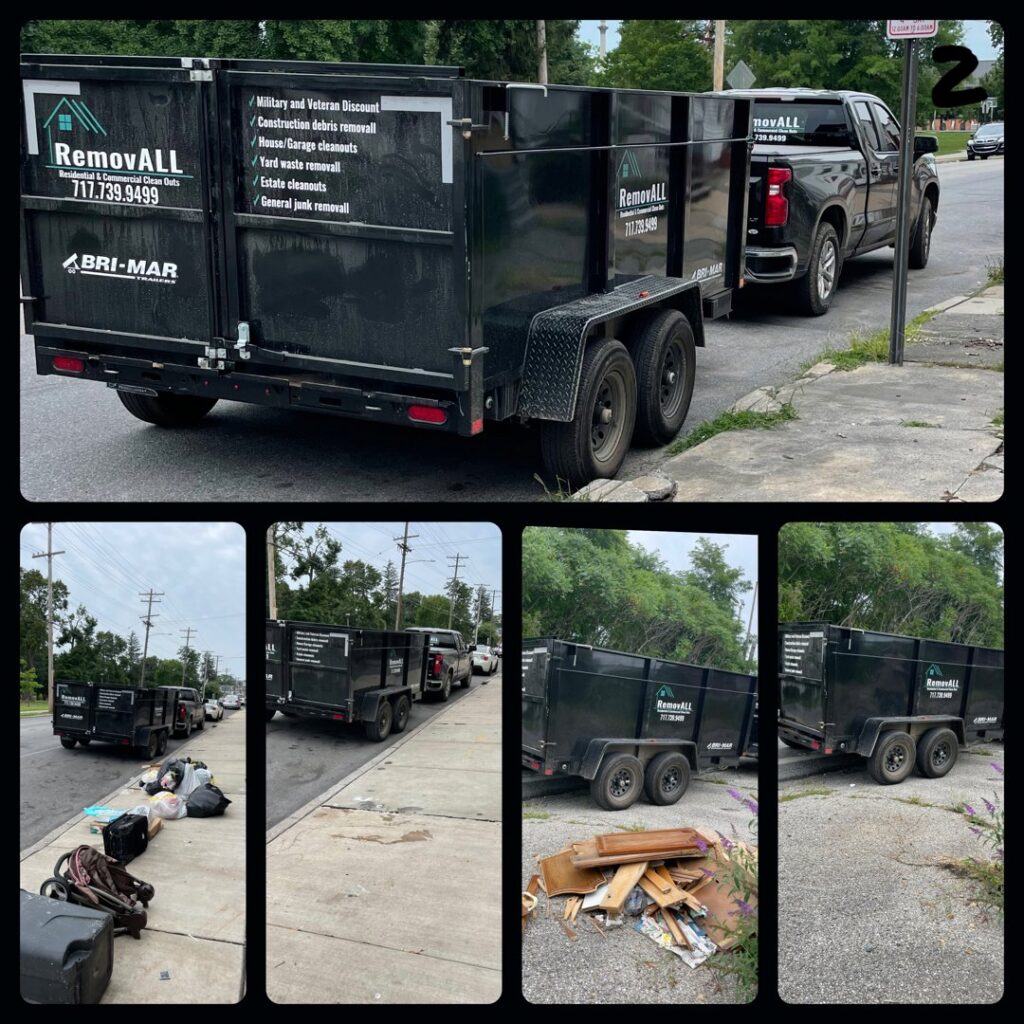 A collage showing piles of junk on the ground and loaded into a Removall Residential and Commercial Cleanout Services trailer in York, PA.