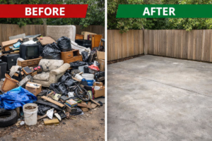 Before and after comparison of a successful junk removal service by A Bit Of Everything LLC in Cranston, RI.