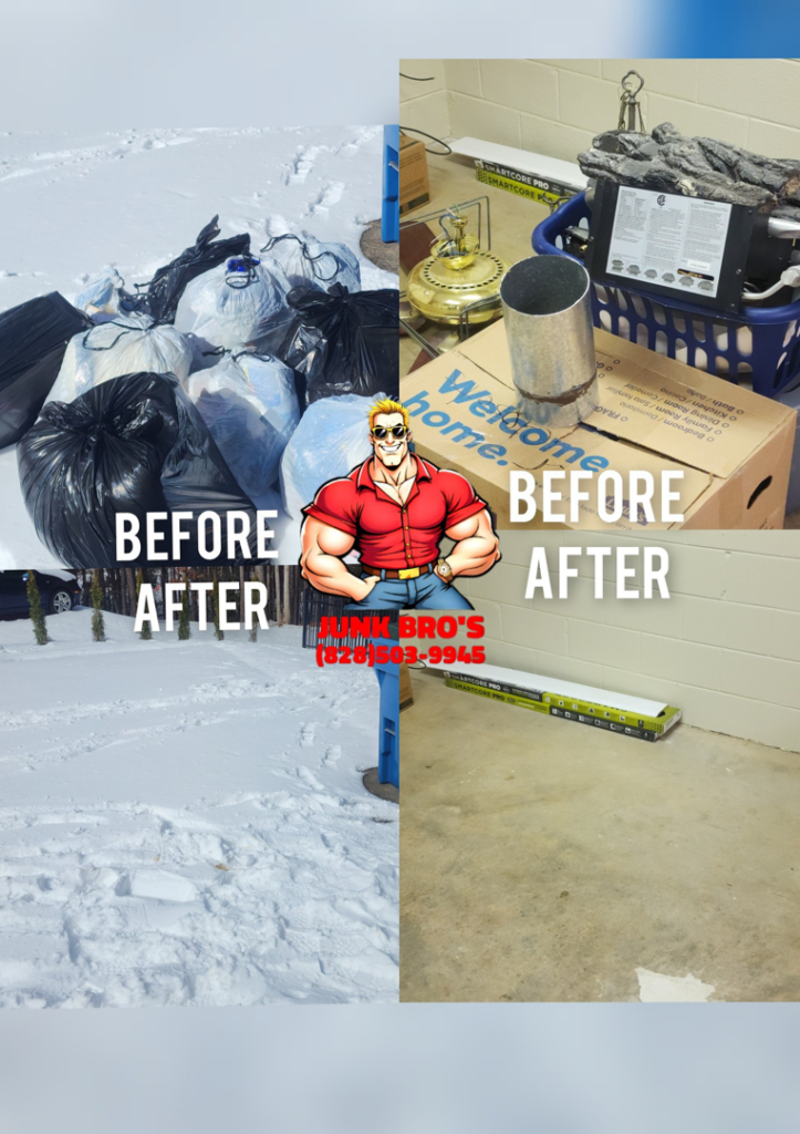 Before and after photos showing junk removal of trash bags in snow and items from a room by JUNK BRO'S in Hickory, NC.