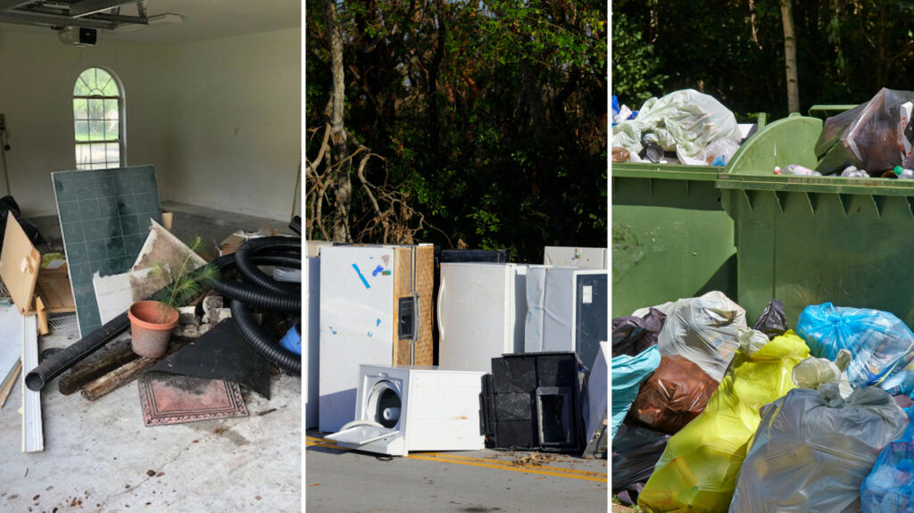 A collage showing a messy garage, old appliances by the road, and overflowing trash bins, representing general junk removal services by Trashouts Junk Removal in Pembroke Pines, FL.