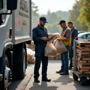 A Junk 2 Day crew loading debris and trash bags into a truck during a general junk removal job in Roswell, GA.