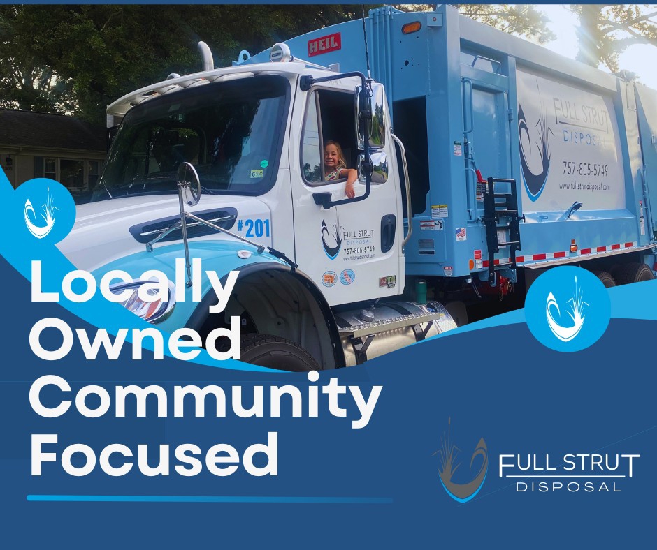 A blue and white junk removal disposal truck from Full Strut Disposal in Virginia Beach, VA.