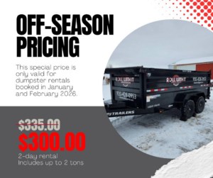 A Roll With It branded dumpster trailer ready for junk removal or rental in Appleton, WI.