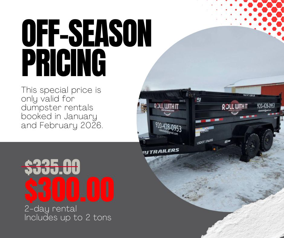 A Roll With It branded dumpster trailer ready for junk removal or rental in Appleton, WI.