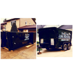 A Trash Daddy Junk Removal branded dumpster and enclosed trailer ready for a junk removal job in Canton, OH.