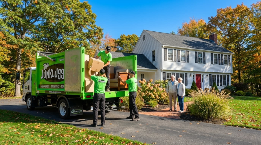A Junkluggers team loading boxes into their green truck while customers watch, providing junk removal in Hicksville, NY.