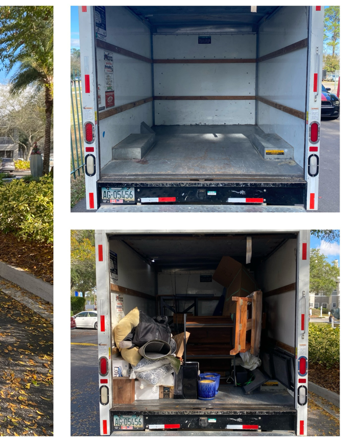 Before and after comparison of a Litter Hitters junk removal truck, showing it empty then full of items in Jacksonville, FL.