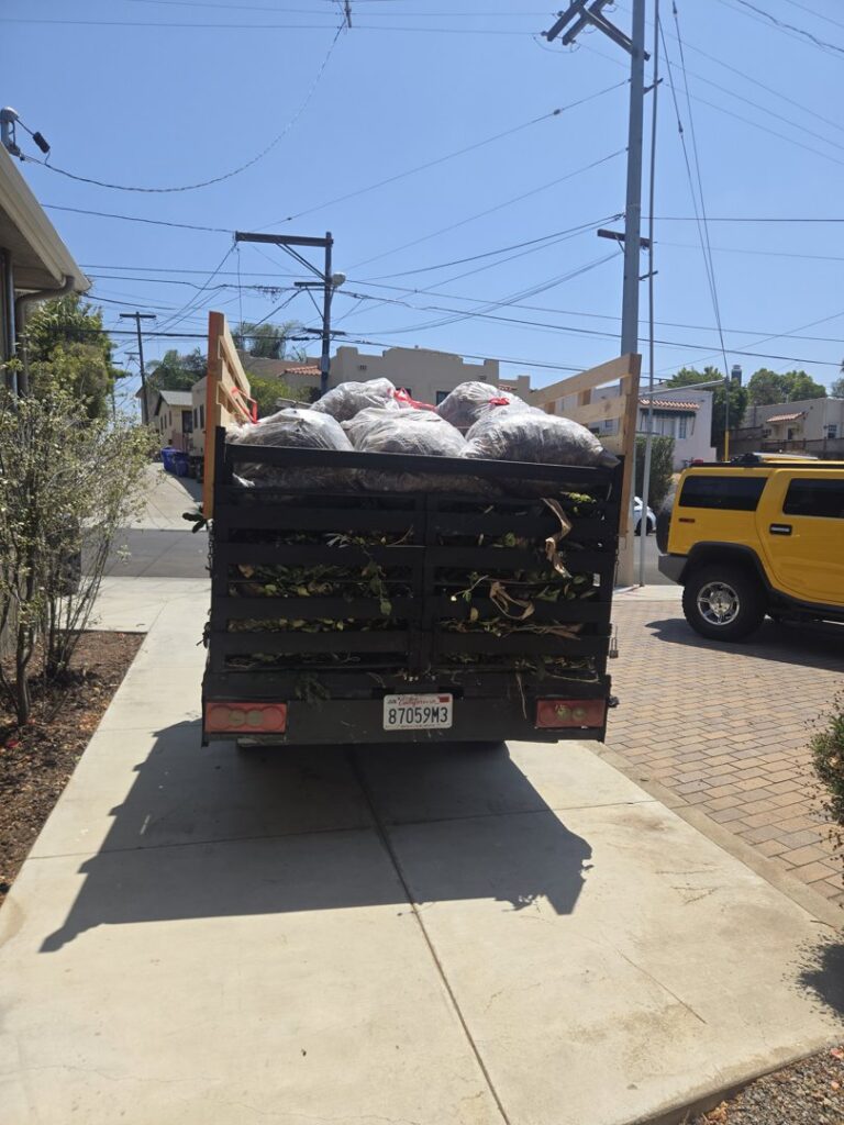 A junk removal truck loaded with large bags of green waste and branches, operated by Titan Junk Co. in San Diego, CA