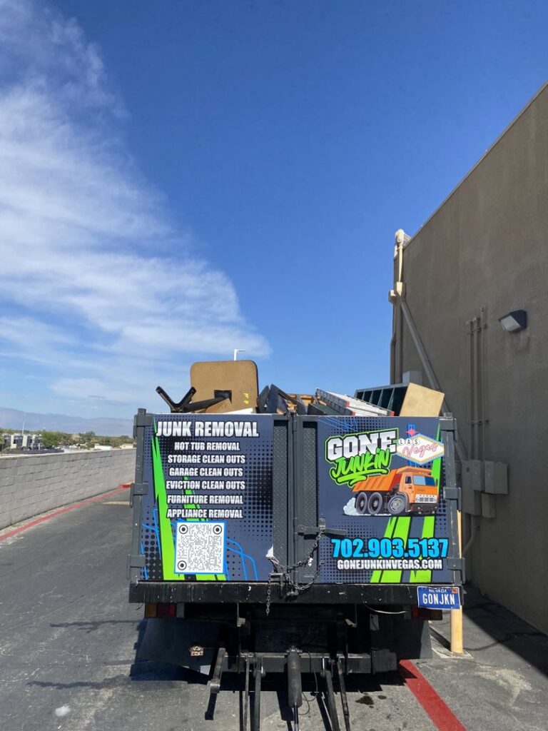A Gone Junkin' Vegas truck loaded with various debris and junk items after a removal job in Henderson, NV.