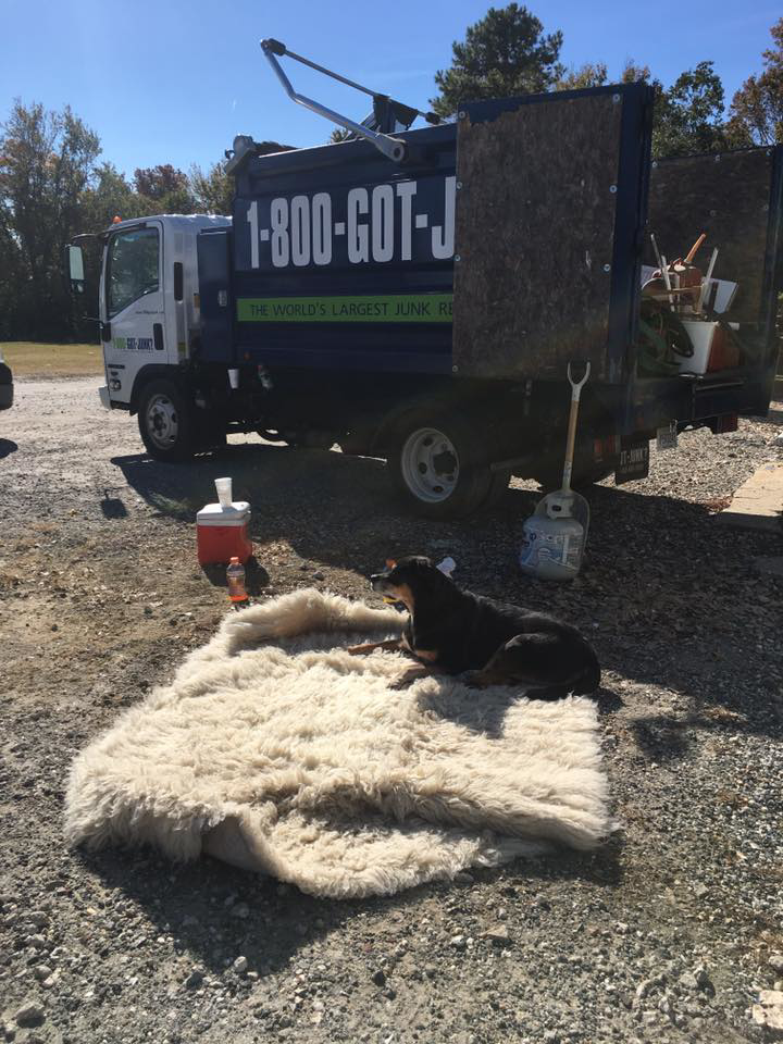 A 1-800-GOT-JUNK? truck loaded with various items during a junk removal job in Charleston, SC.