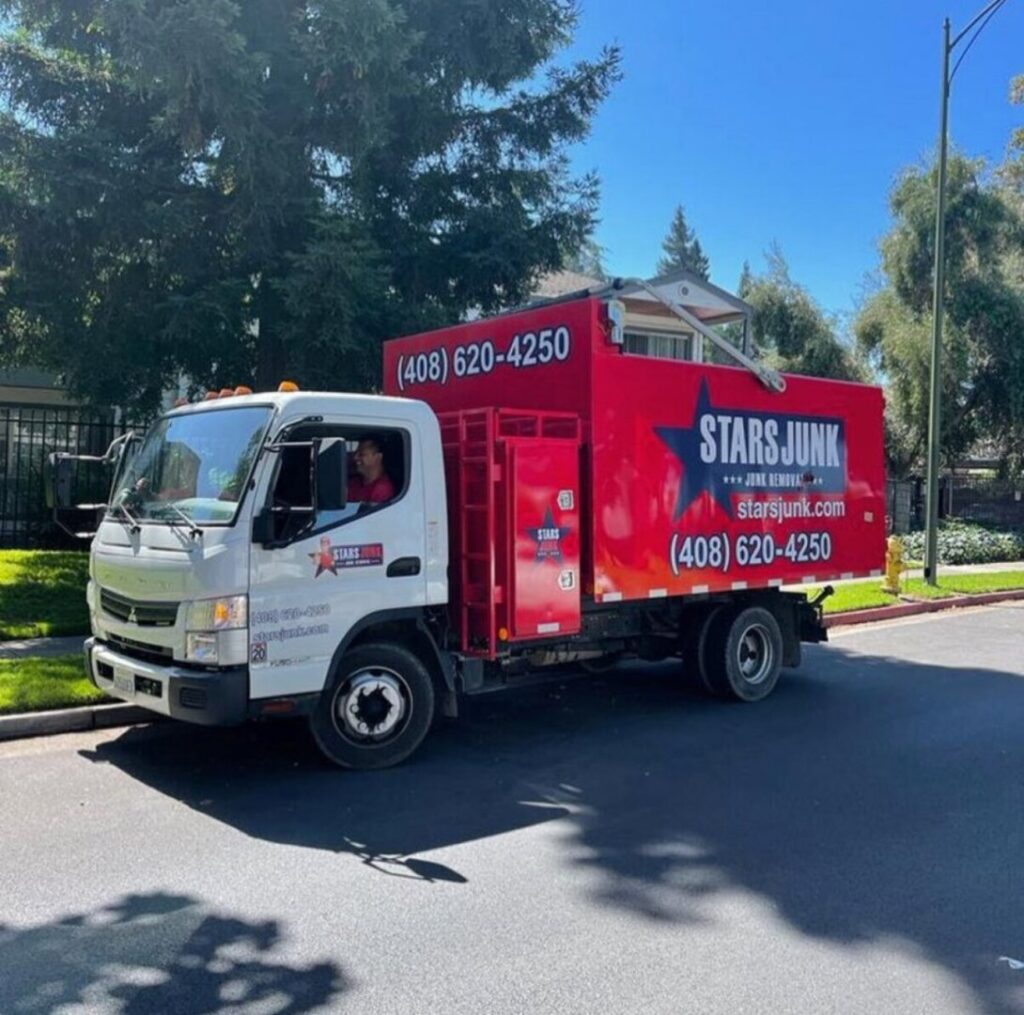 A Stars Junk Removal truck parked on a sunny residential street, ready for a junk removal job in San Jose, CA.