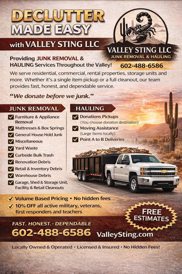 A white pickup truck with a trailer full of debris and junk, ready for removal by Valley Sting LLC in Glendale, AZ.