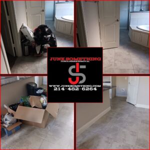 Junk Something llc truck and empty trailer parked on a residential driveway in Dallas, TX.