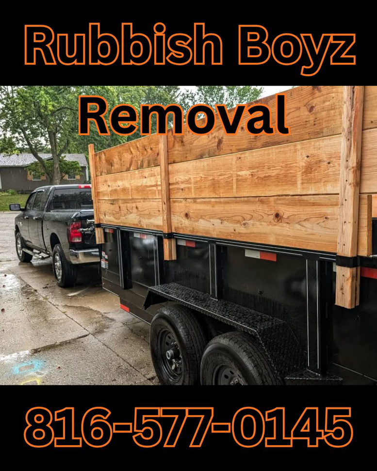 A truck with a large wooden-sided trailer used for junk removal by Rubbish Boyz Removal LLC in Independence, MO.