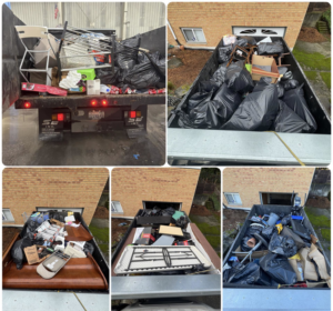 Multiple views of junk removal trucks being loaded with black trash bags and various debris by All City Junk Removal in Kent, WA.
