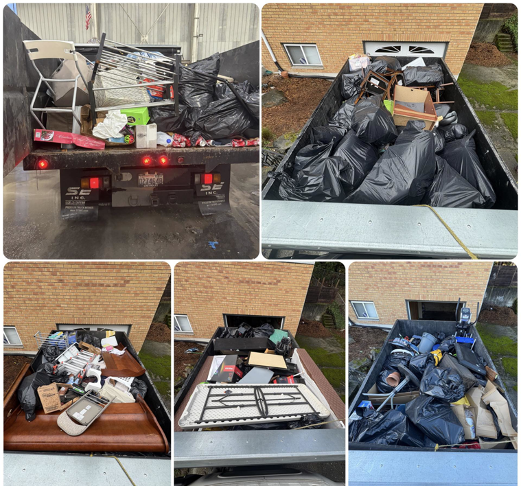 Multiple views of junk removal trucks being loaded with black trash bags and various debris by All City Junk Removal in Kent, WA.
