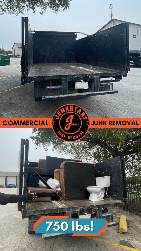 A JunkStart truck shown before and after loading a couch, toilet, and other items for junk removal, weighing 750 lbs in San Antonio, TX.