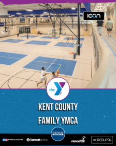 An indoor basketball court and running track installed at Kent County Family YMCA by Abacus Sports Installations, Ltd in Lancaster, PA