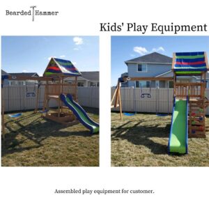 Assembled kids' outdoor play equipment with swings and a slide by Bearded Hammer LLC in Meridian, ID.