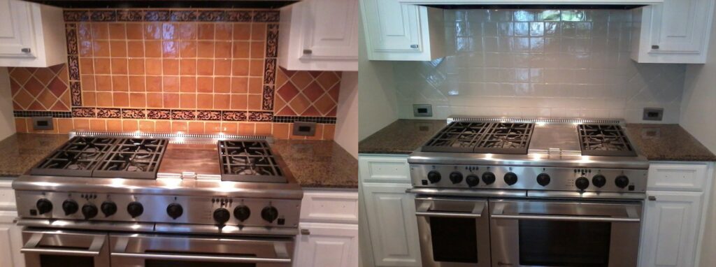 Before and after of a kitchen backsplash tile refinishing by Bath Refinishing Solutions Dayton in Dayton, OH