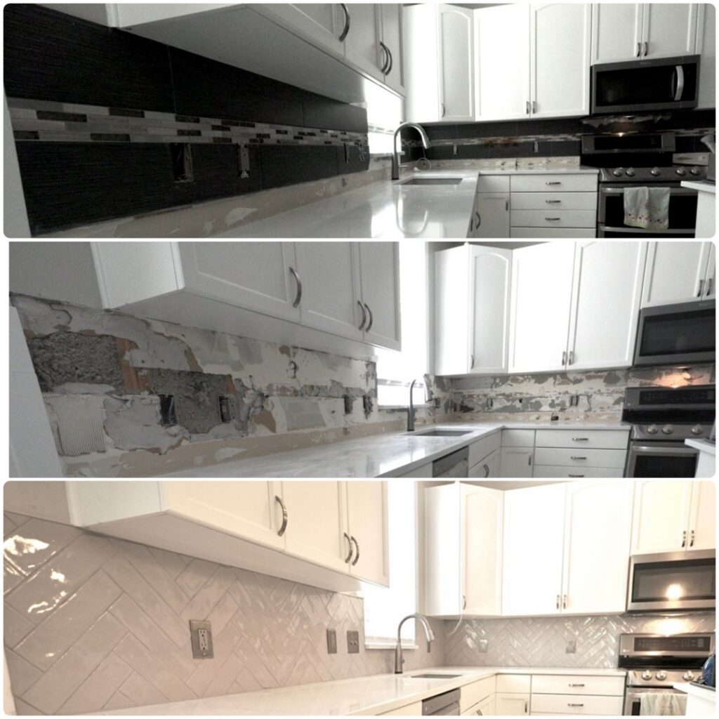 A three-panel image showing the before, during, and after of a kitchen backsplash remodel with new herringbone tile by Will.B.More Handyman & Remodel in West Jordan, UT