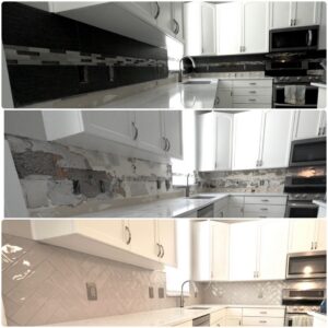 A three-panel image showing the before, during, and after of a kitchen backsplash remodel with new herringbone tile by Will.B.More Handyman & Remodel in West Jordan, UT