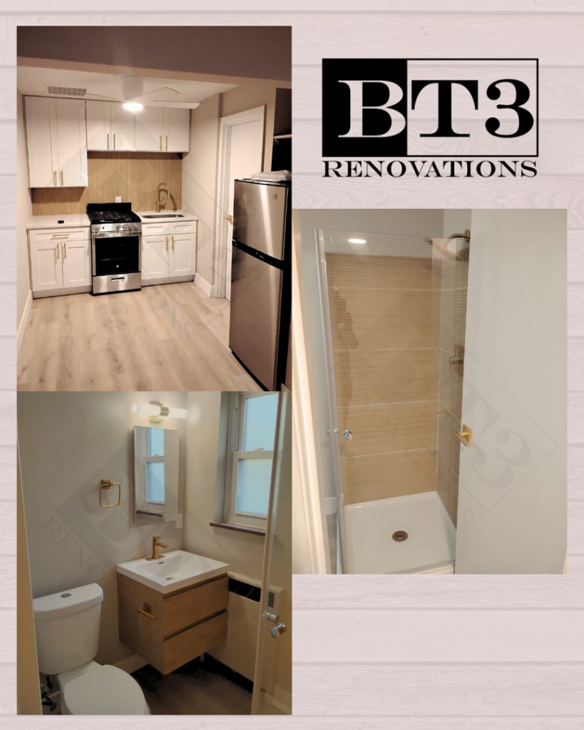 A collage showing a newly renovated kitchen and bathroom by BT3 Renovations in Dayton, OH.