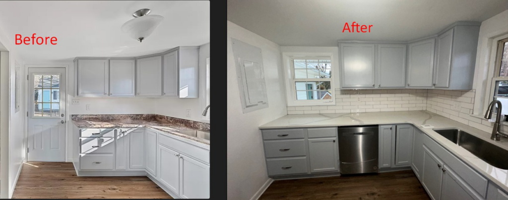 Before and after of kitchen cabinet and countertop installation by Whitney Construction in Rockville, VA.