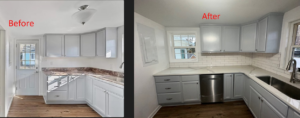 Before and after of kitchen cabinet and countertop installation by Whitney Construction in Rockville, VA.