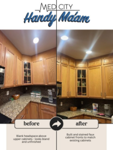 Before and after of kitchen cabinet extension and staining by Med City Handy Ma'am in Rochester, MN