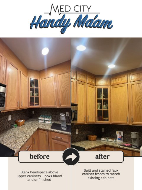 Before and after of kitchen cabinet extension and staining by Med City Handy Ma'am in Rochester, MN