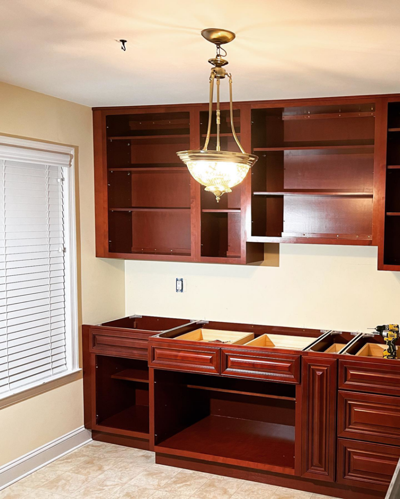 Kitchen cabinets being installed during a remodeling project by VP Remodeling LLC in Duluth, GA.