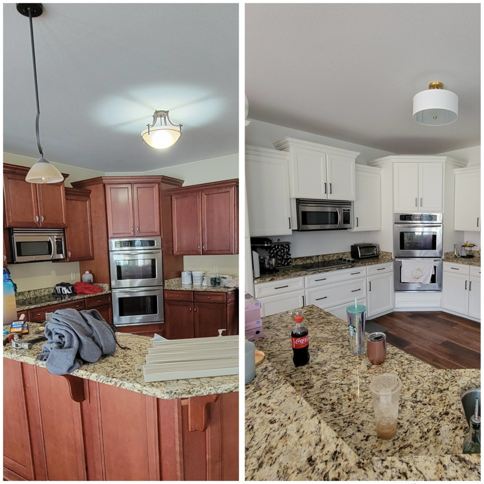 Before and after of kitchen cabinet painting by Amazing Finishes in Whitefish Bay, WI, transforming reddish-brown cabinets to white.