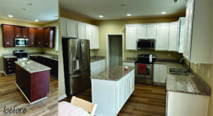 Before and after view of a kitchen renovation, showing cabinets painted from dark wood to white by Coastal Surface Design in Virginia Beach, VA.