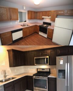 Before and after of a kitchen renovation, showing new dark cabinets, backsplash, and appliances by PTA Construction INC. in Jersey City, NJ.