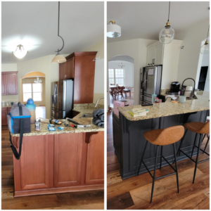 Before and after of kitchen cabinet refinishing by Amazing Finishes in Whitefish Bay, WI, showing a dark gray island and white upper cabinets.