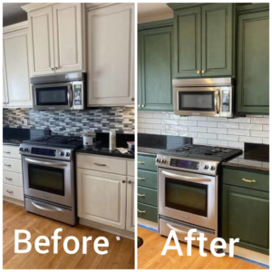 Before and after comparison of kitchen cabinets refinished from white to green by Amazing Handyman in Peoria, IL.